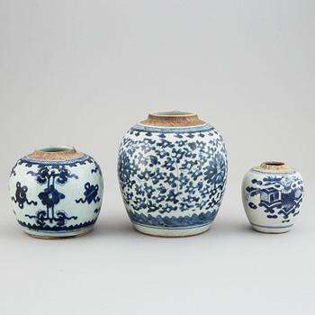 A group of three blue and white jars, Qing dynasty, 19th Century.