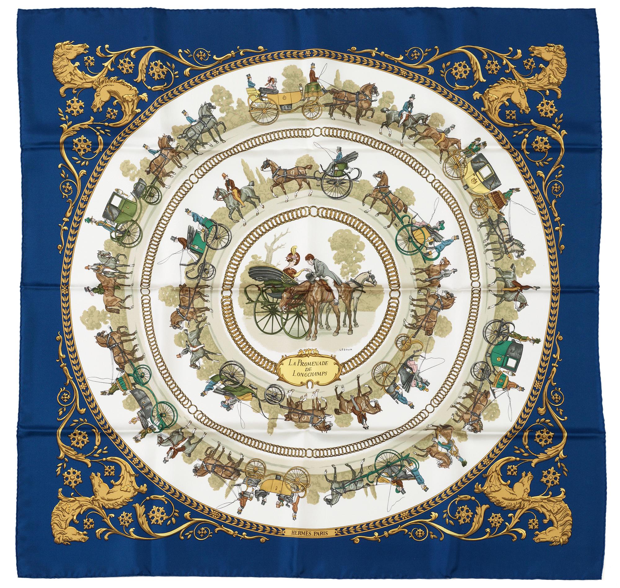 HERMÈS, scarf samt tillhörande scarf-ring, "La Promenade de Longchamps".