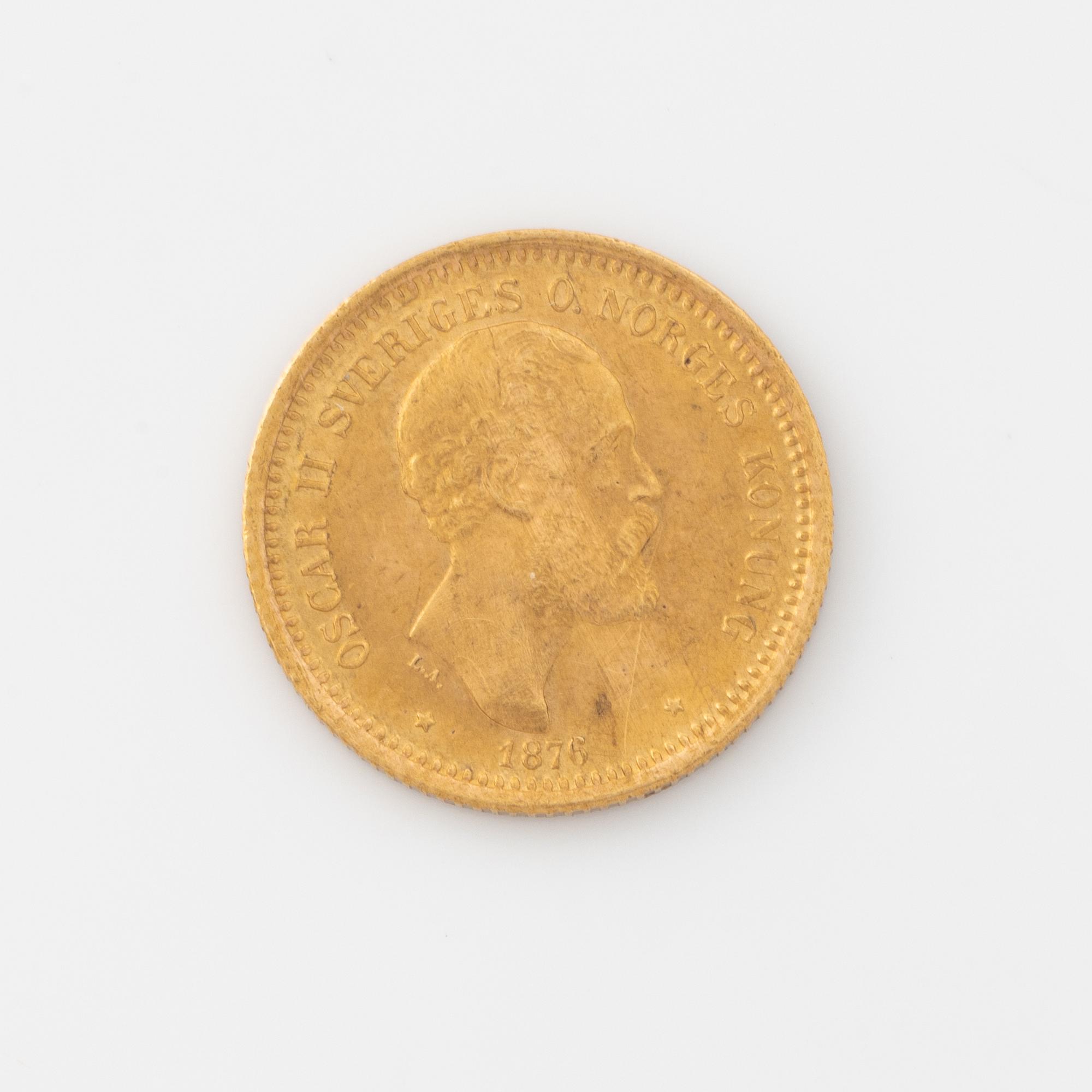 Oscar II, guldmynt, 10 kronor, 1876.