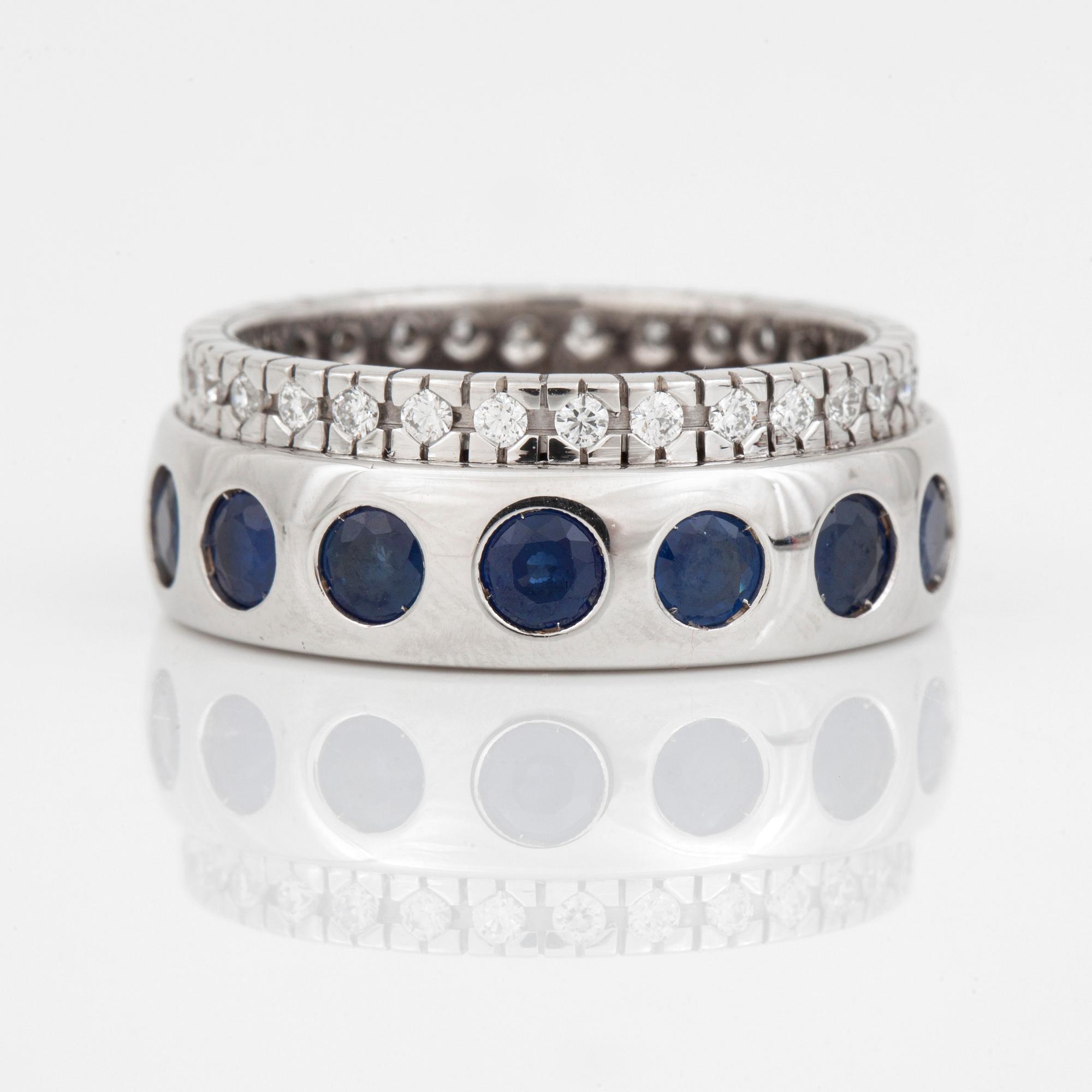 RING, 14K vitguld med safirer totalt ca 3.32 ct och diamanter totalt ca 0.48 ct. Vikt 11,2 gram.
