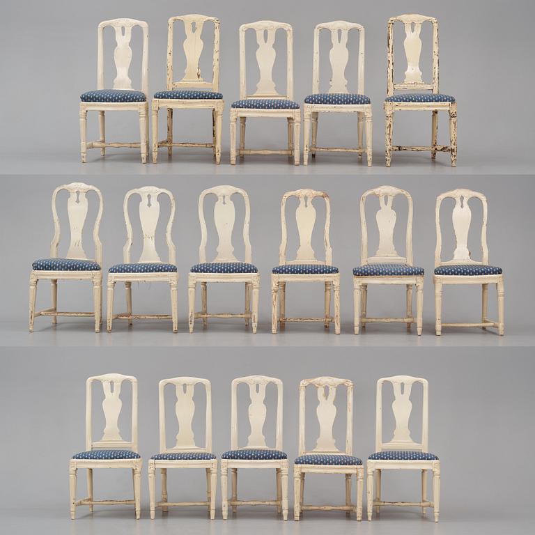 An assembled suite of sixteen Transitional chairs, Stockholm, later part of the 18th century.