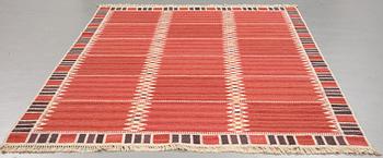 Barbro Nilsson, A CARPET, "Salerno kallröd med enkel bård", flat weave, ca 217 x 149,5 cm, signed AB MMF BN.