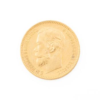 Gold coin, Nicholas II, Russia, 5 Rubles, 1899.