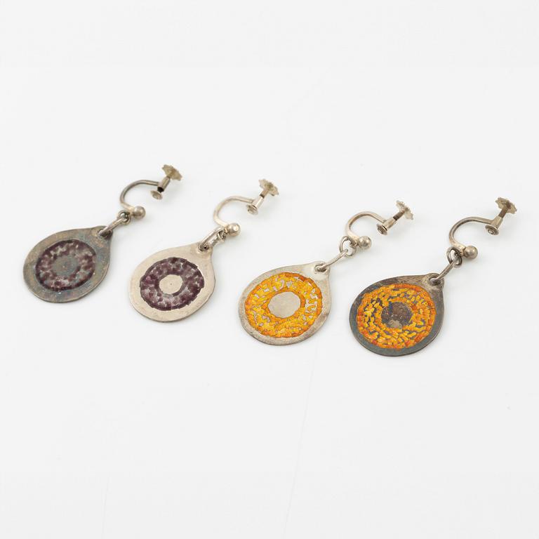 Lars Arby, three pairs of earrings, sterling silver and enamel, Gothenburg 1967 and 1969.