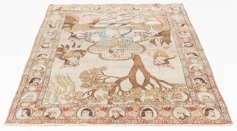 A semi-antique pictoral Kashan rug, c 214,5 x 135 cm.