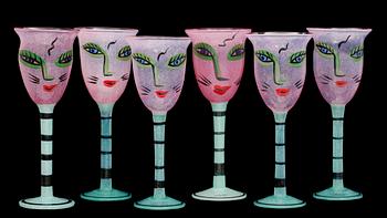 POKALGLAS, 6 st, Kosta Boda, Ulrica Hydman-Vallien. 1900-talets slut.