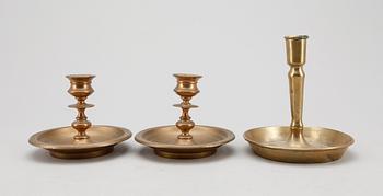 LJUSSTAKAR, 3 st, mässing, barockstil, 1800-tal.