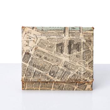 A mahogany cigarette box covered with a map over Paris, probably acquired Svenskt Tenn, Stockholm, ca 1940s.