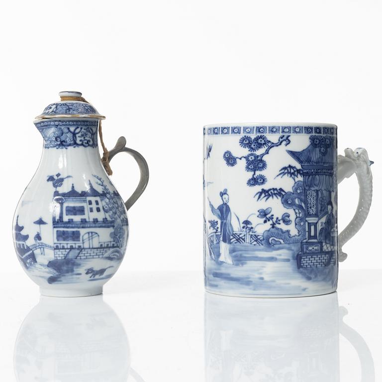 A Chinese blue and white jug, an ewer and three cups, Qing dynasty, Qianlong (1736-95).