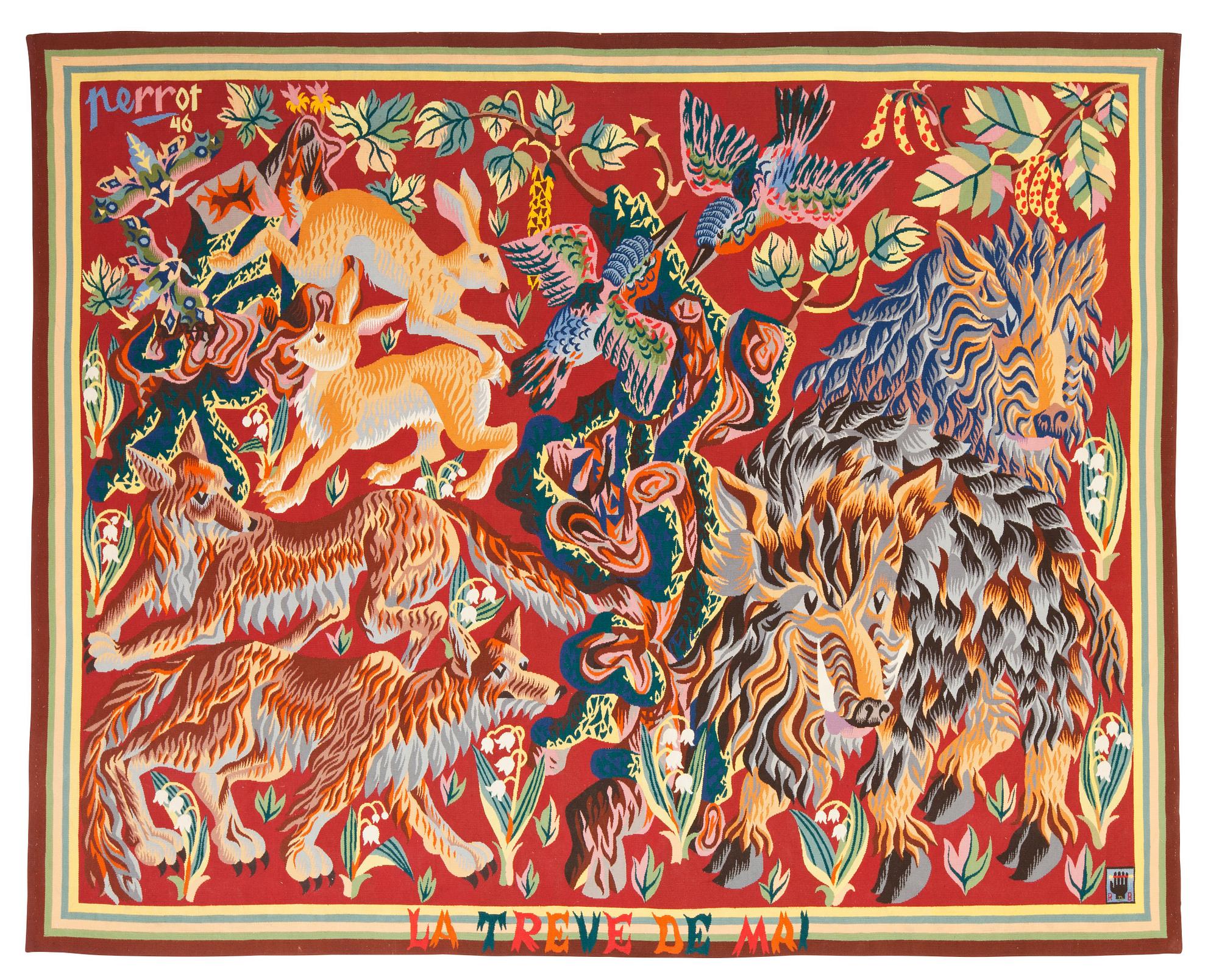 VÄVD TAPET. "La Trêve de Mai". Gobelängteknik. 195 x 243,5 cm. Signerad perrot 46 samt sköld med hand och R B.