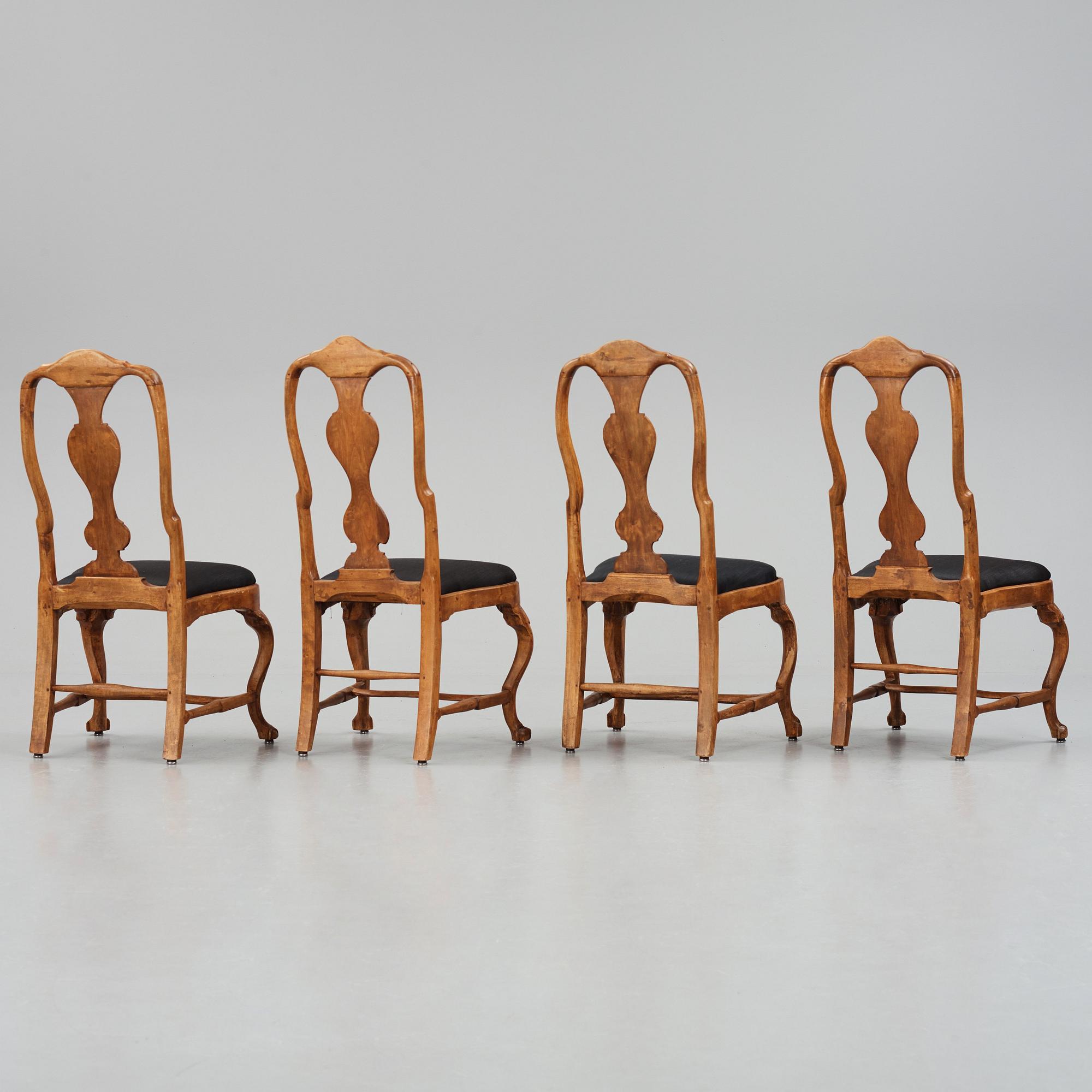 A set of four matched Swedish Rococo chairs, second part of the 18th century.