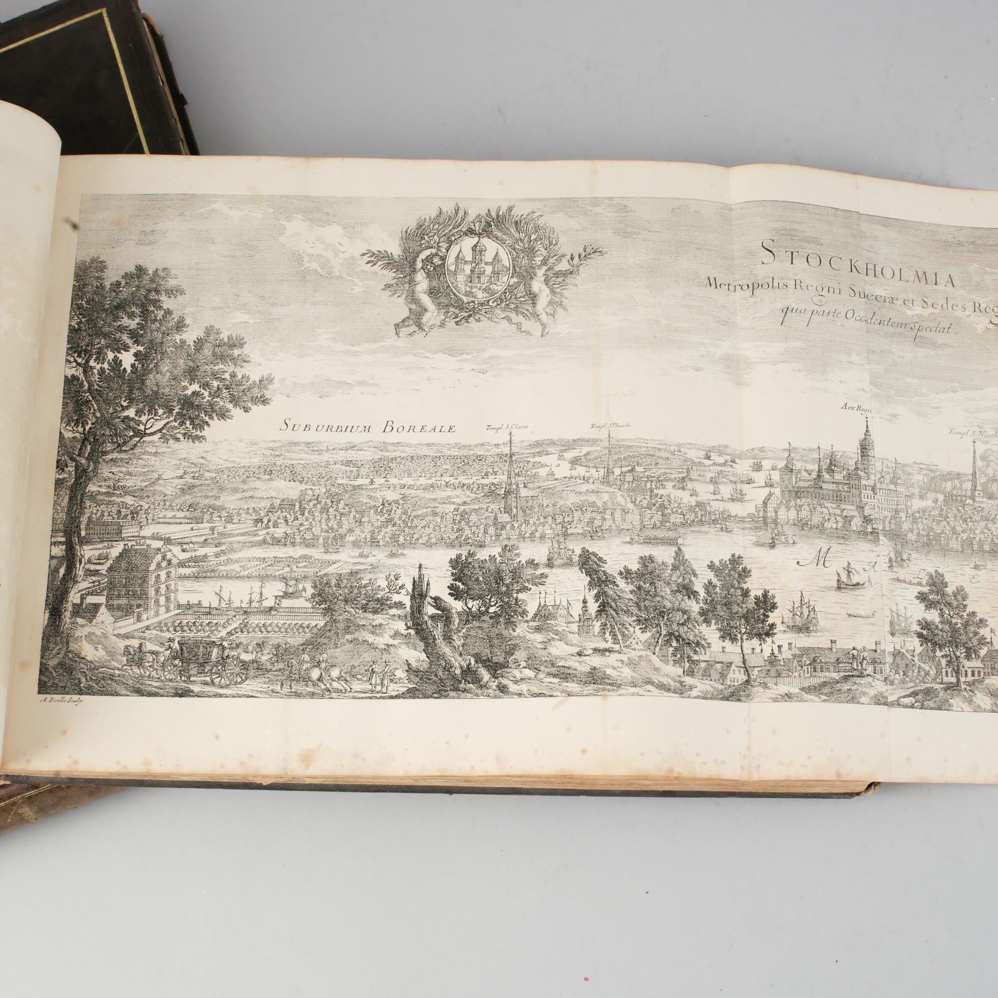 Two volumes of E Dahlbergs Suecia Antiqua & Holdierna, P Ad Huldbergs, Bokhandel, Bazaren & Norrbro.