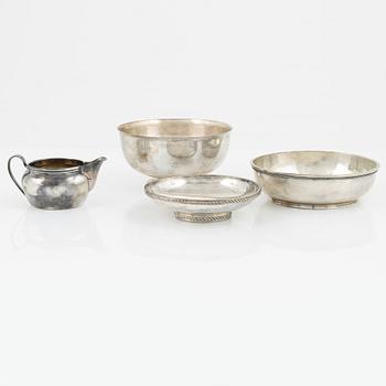 Three silver bowls and creamer, Sweden and Germany, 20th century.
