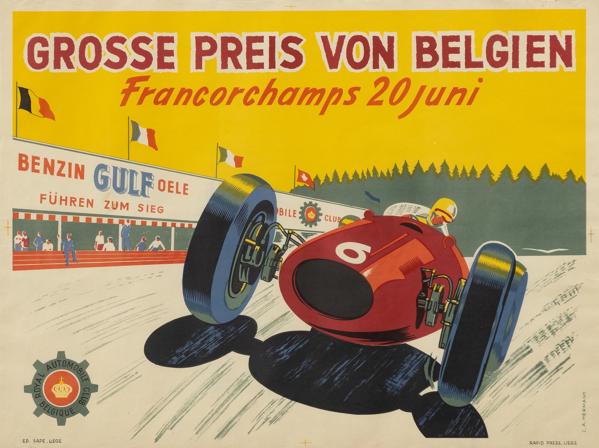 A vintage racing poster, 'Grosse Preis von Belgien Francorchamps 20 juni', Royal Automobile Club Belgique, Belgium 1954.