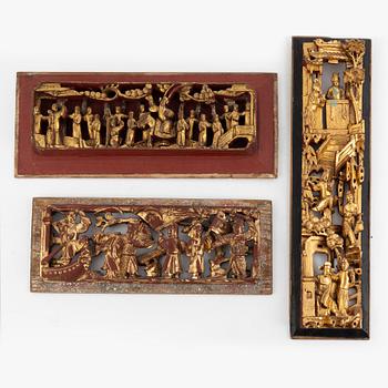 Three wooden panels, China, late Qing dynasty and early 20th century.