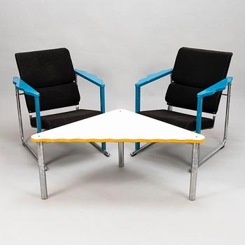 YRJÖ KUKKAPURO, a pair of 1980's 'Experiment' arm chairs and coffee table for Avarte.