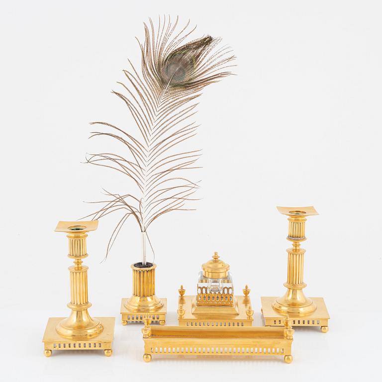 A 5-piece brass inkwell desk set, including Skultuna Messingsbruk.