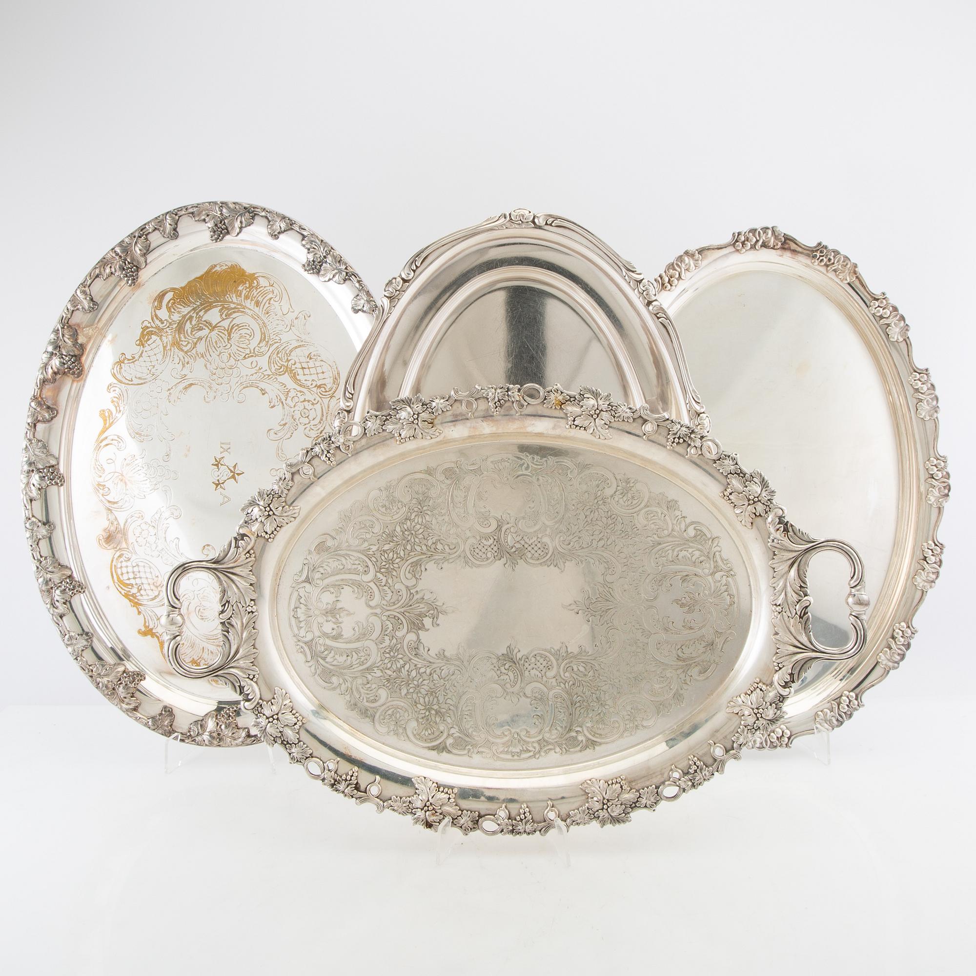 Trays/Serving platters 4 pcs of silver-plated metal, first half of the 20th century.