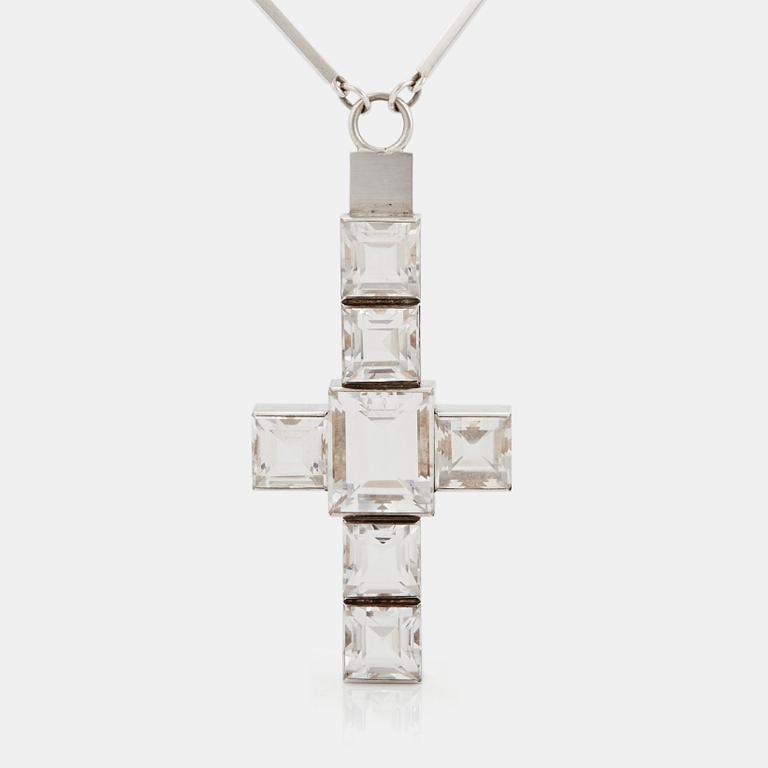 Wiwen Nilsson, a necklace with cross-shaped pendant, sterling with facet cut rock crystals, Lund Sweden 1938.