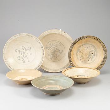 A group of six ceramic dishes, Southeast asia, presumablue 15th, also 19th century.