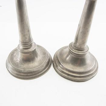 Candle holders, two pieces of pewter, 1850s.