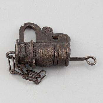 A Swedish wrought iron lock, 17th century.