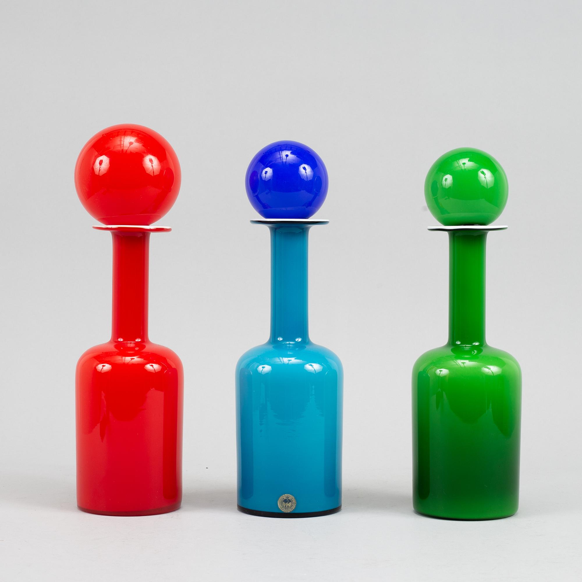 Otto Brauer, three glass vases with glass balls by Michael Bang. Holmegaard 1960s.