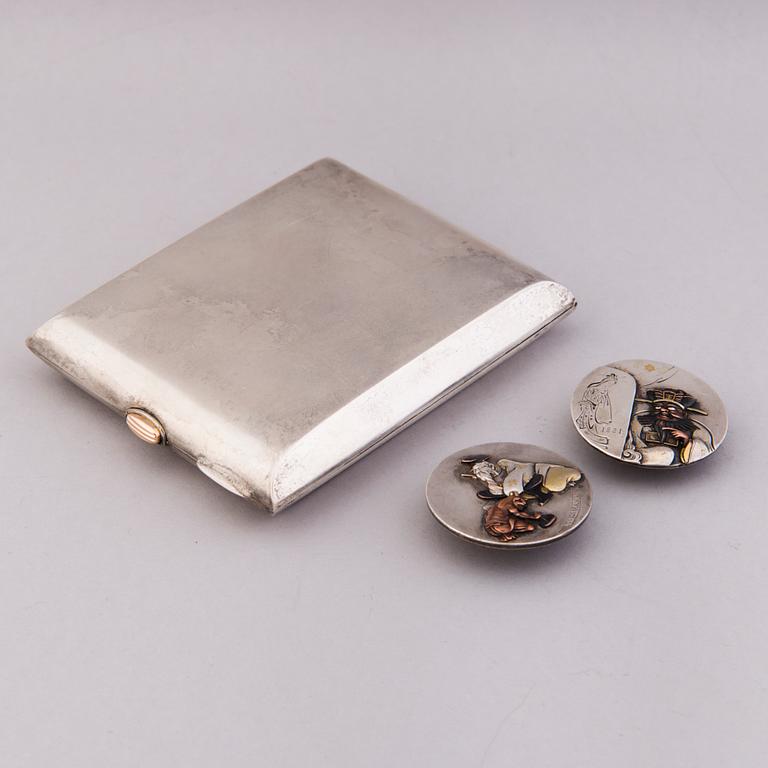 CIGARETTE CASE, silver, Auran kultaseppä, Turku 1951 and CUFFLINKS, silver, Japan late 19th century.