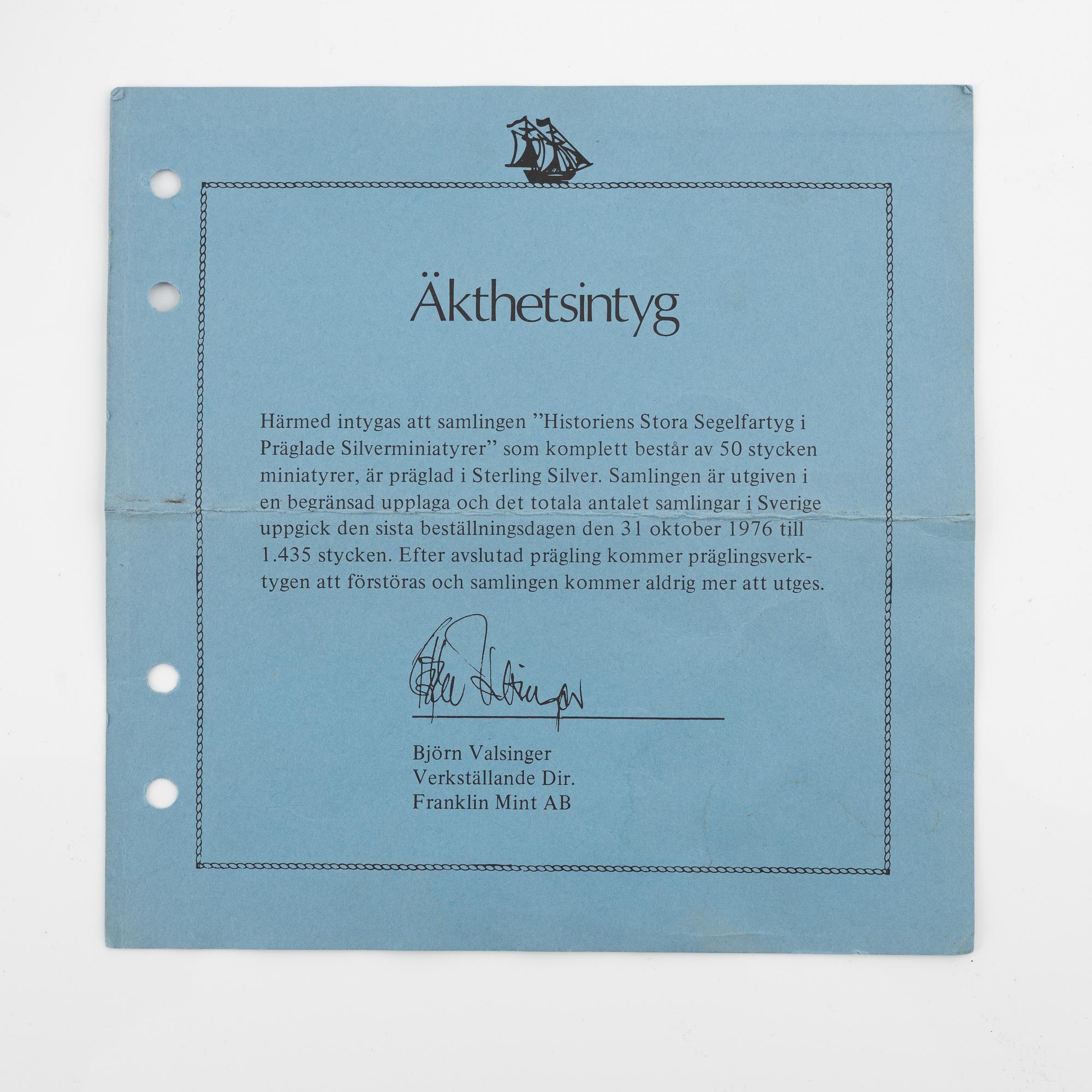 Miniatyrer, 50 st, sterling silver, "Historiens Stora Segelfartyg", Franklin Mint, 1970-tal.