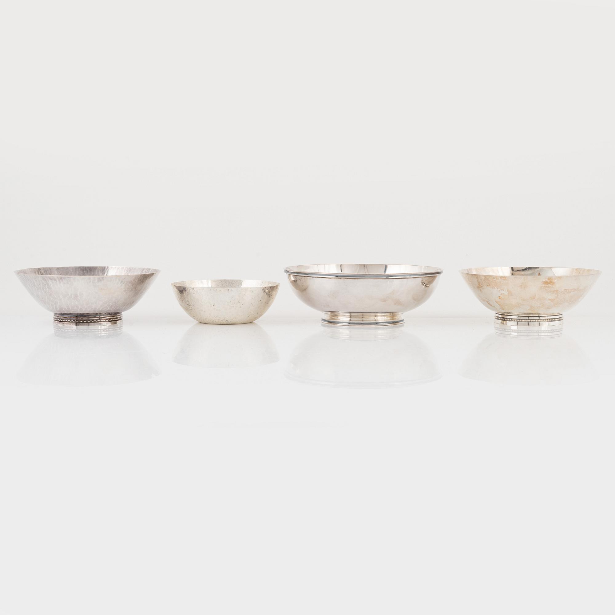Skålar, 4 st, silver, GAB, MGAB samt Råströms silver- o nysilverfabrik, 1964-1986.