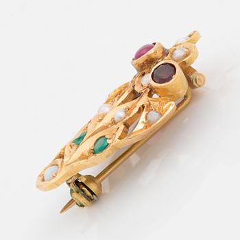 Gold and coloured stone and pearl brooch.