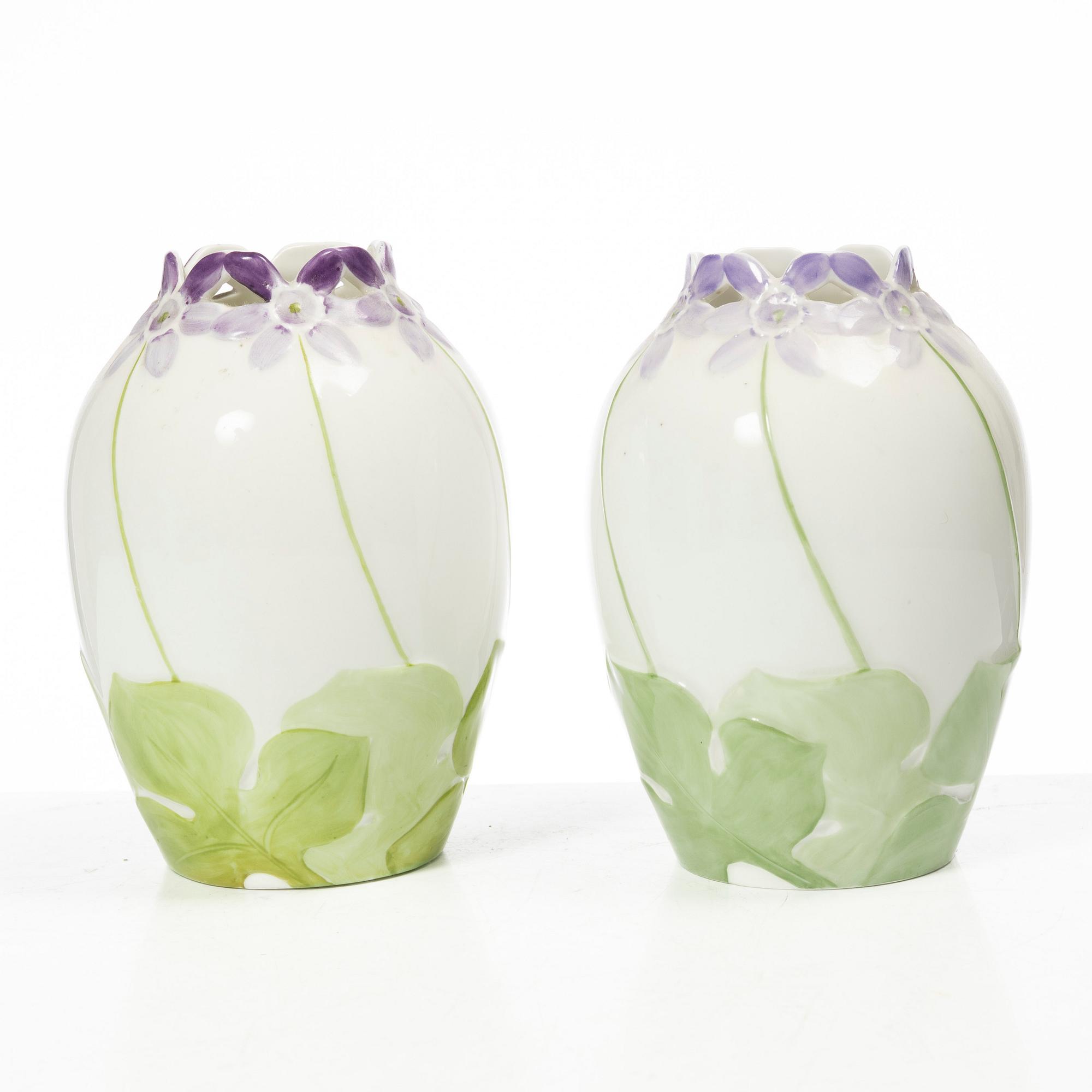 Alf Wallander, attributed to, vases, a pair, porcelain, Art Nouveau, Rörstrand, circa 1900.