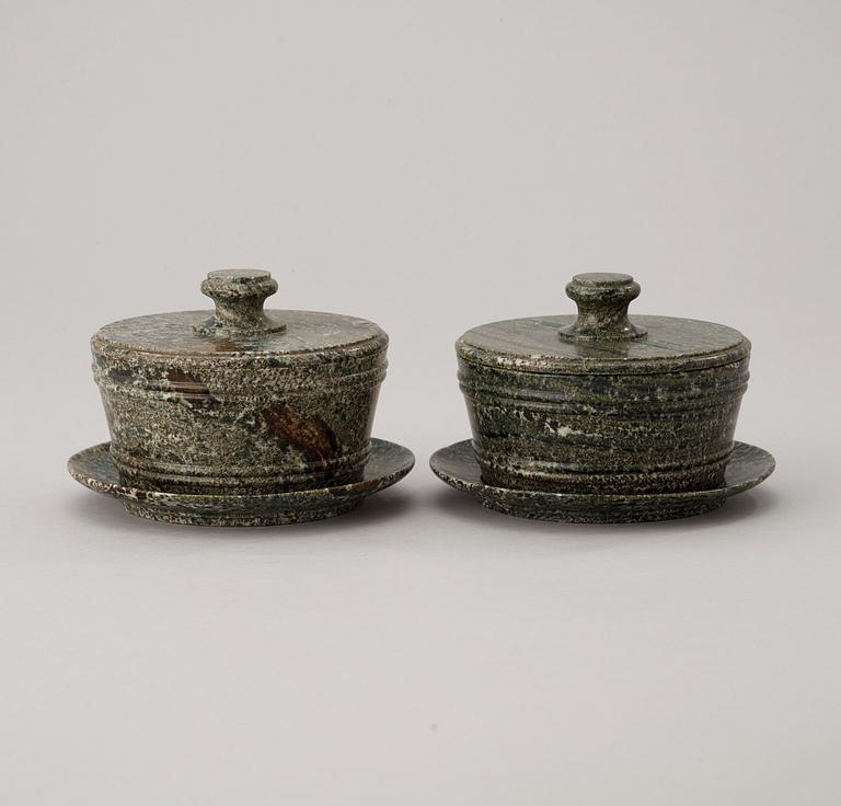 A pair of Swedish Empire 19th century green marble butter boxes.