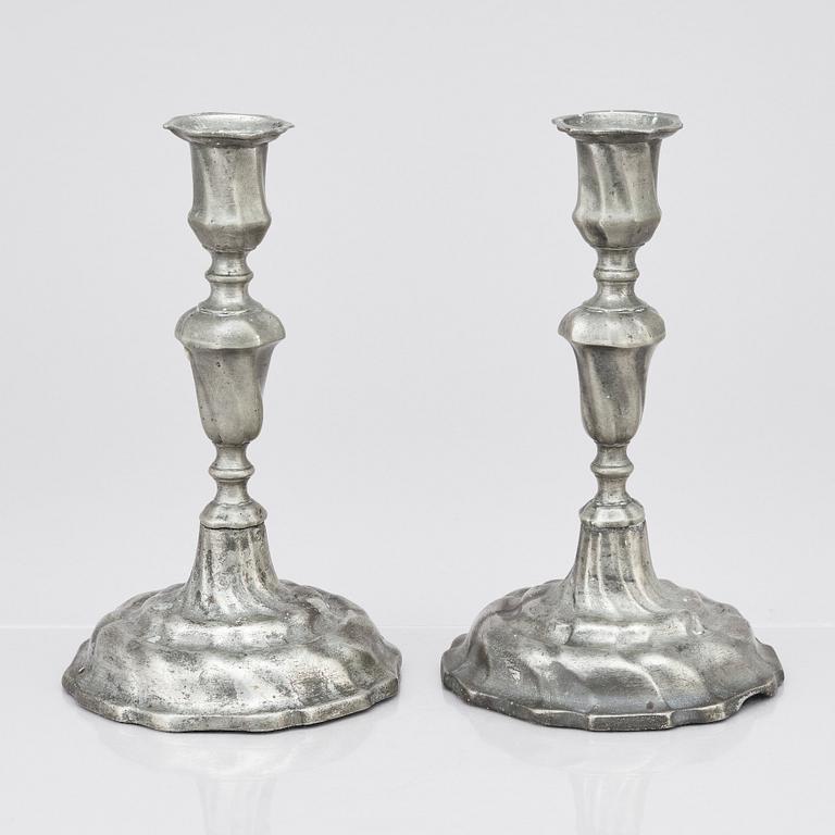 A pair of Rococo pewter candlesticks by B Ståhlström Kalmar 1762.