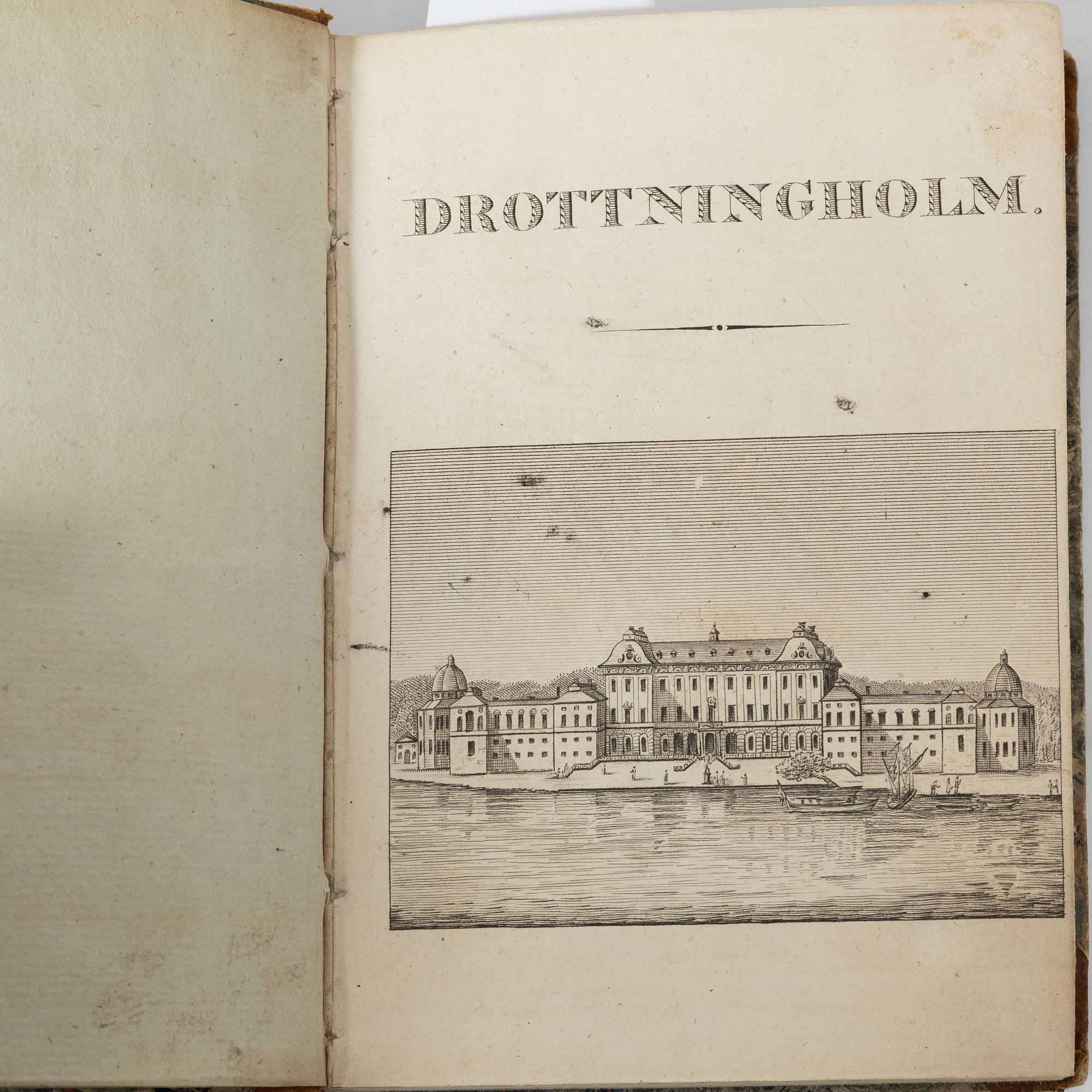 Samling äldre böcker, 8 st, mestadels om Drottningholm, 1700-1800-tal.