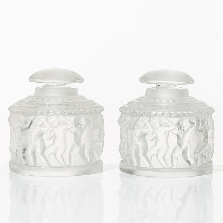 René Lalique, flacons with lids, a pair, glass, "Les Enfants", France, signed.
