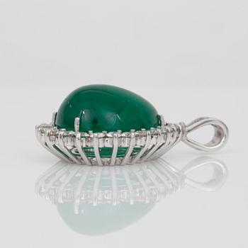 A drop shaped cabochon-cut emerald, circa 14.00 cts, and brilliant-cut diamond pendant.