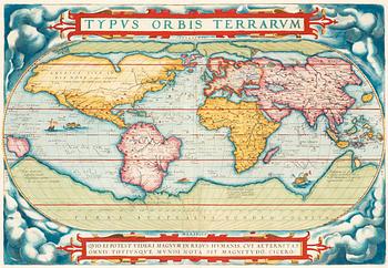 386. Abraham Ortelius, Ur: Theatrum Orbis Terrarum" (6). Världskarta, Europa, Asien, Afrika, Amerika samt porträtt. 1579.