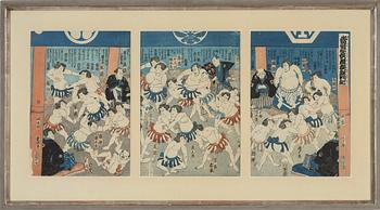 Utagawa School, a woodblock print triptych, later part of the 19th Century.