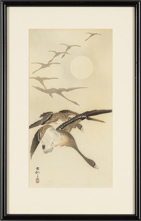 Ohara Koson, a woodlbock print in colours, 20th century.