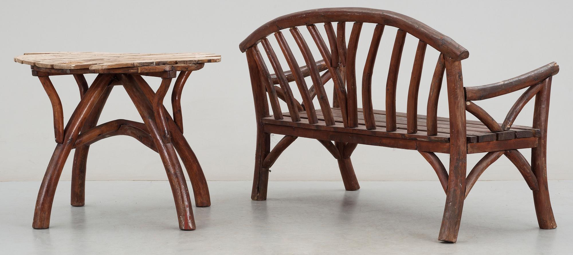 TRÄDGÅRDSMÖBLER, sk Grenmöbler, 7 delar, 1900-tal.