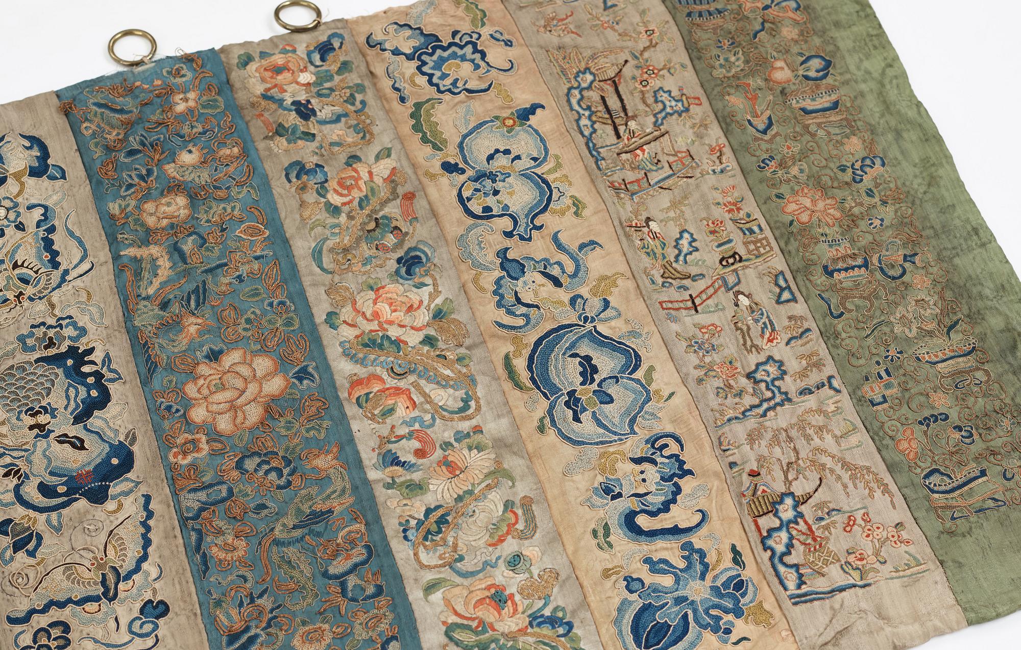 Two curtain tops in embroidered silk, China and Japan, circa 1900.