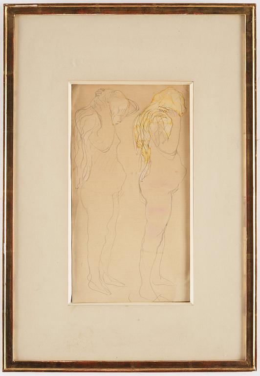 Auguste Rodin, Two studies of a nude figure combing her long blonde hair.