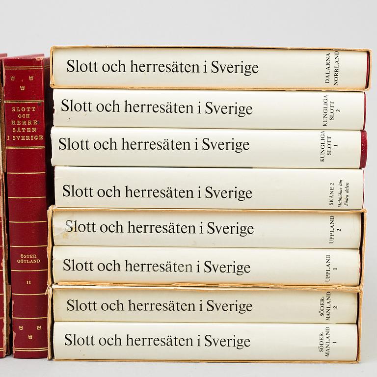 A set18 books about swedish castles and mansions, published by Allhems förlag in Malmö, second half of the 20th century.