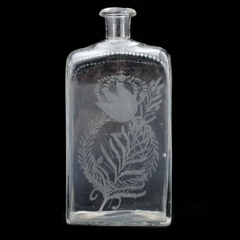 BRÄNNVINSFLASKA, glas, 1800-tal.