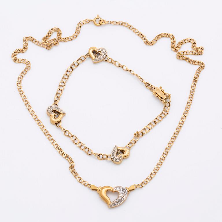NECKLACE and BRACELET 18K gold w single-cut diamonds, total weight 10,4 g.