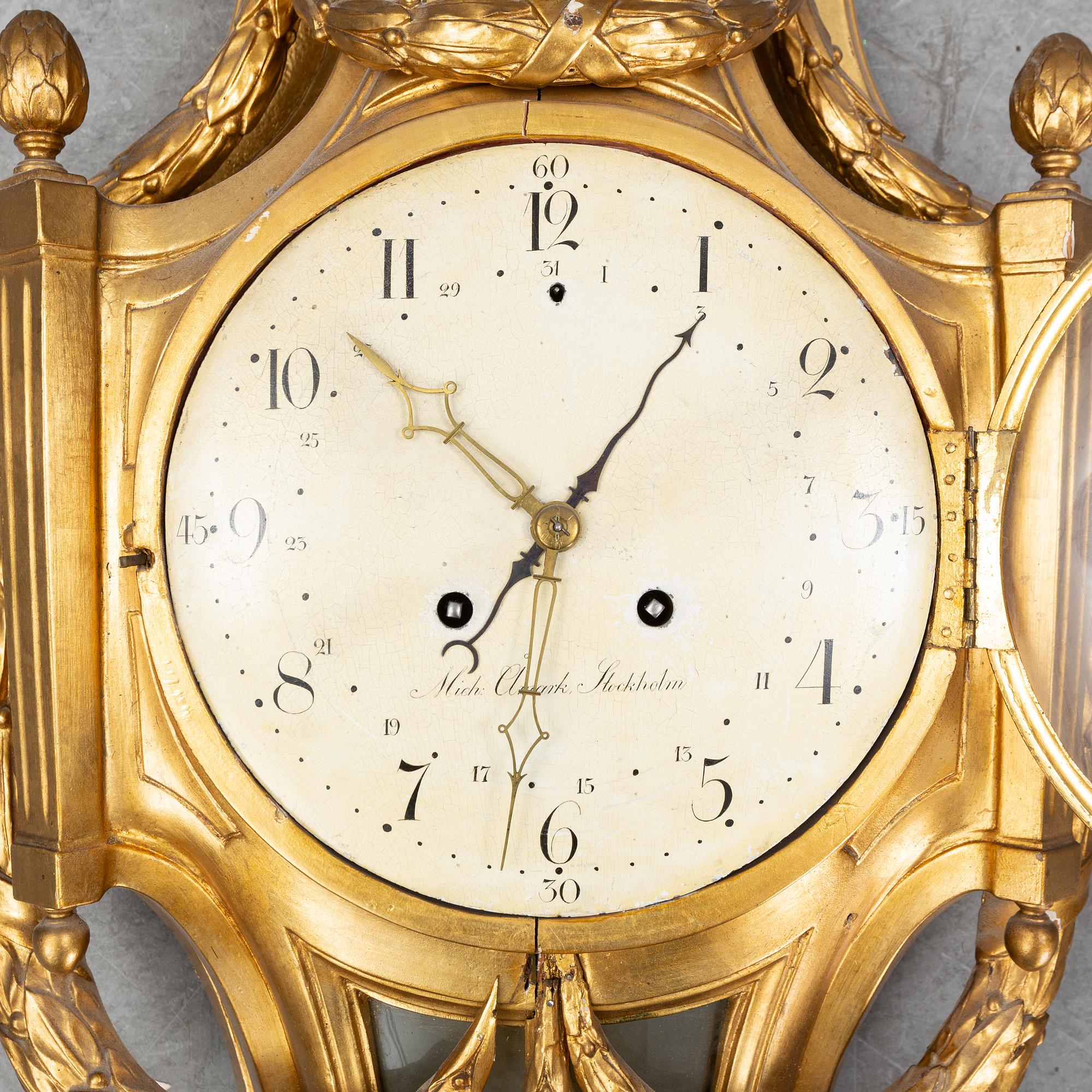 A Gustavian wall pendellum clock, by Michael Åmarck Stockholm, second half of the 18th Century.