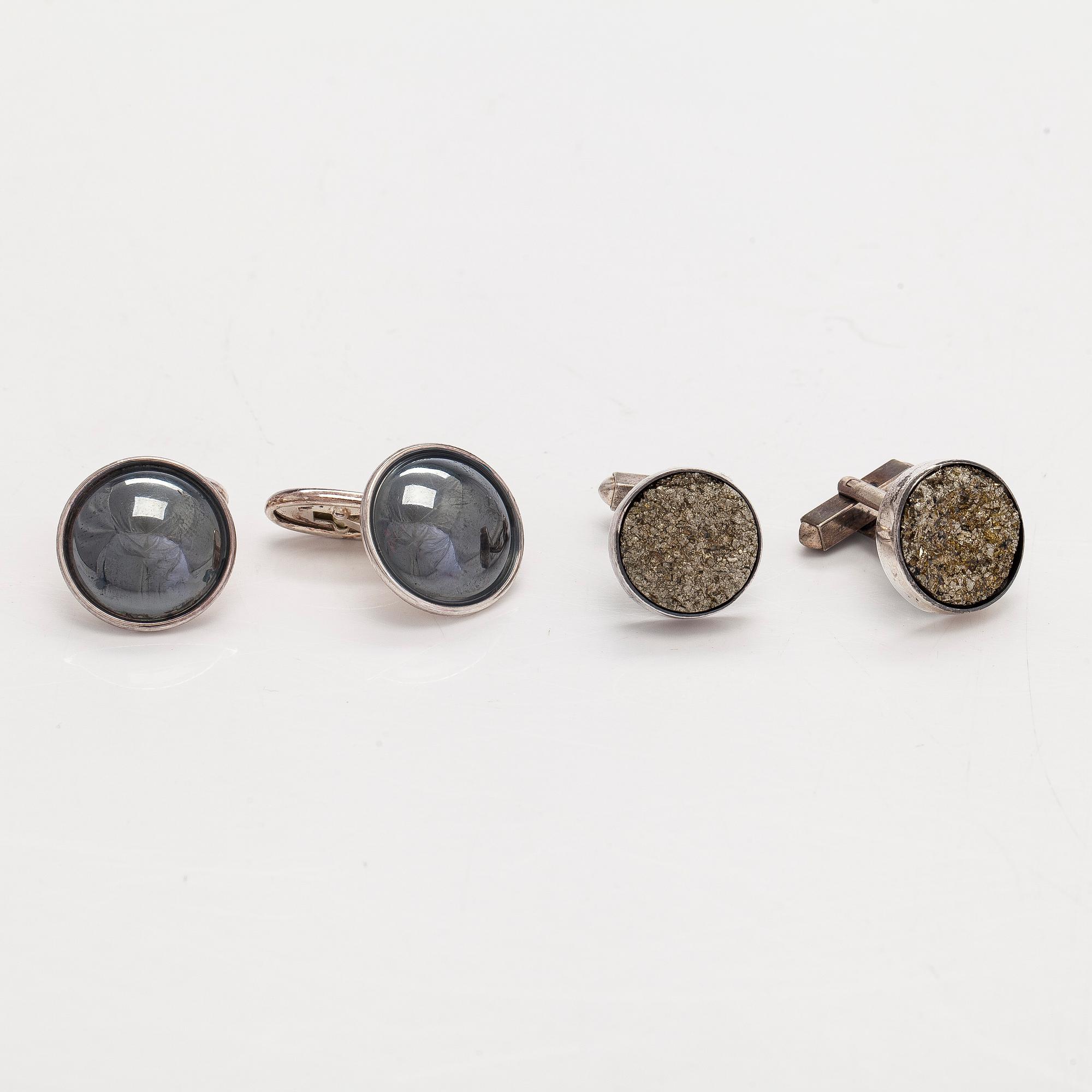 Cufflinks, 2 pairs, silver, copper ore. Tillander, Helsinki, 1971 and 1983.