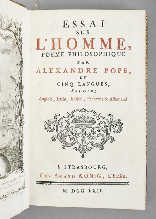 ALEXANDER POPE, Essai sur L`Homme, poëme philosophique, Strasbourg 1762.