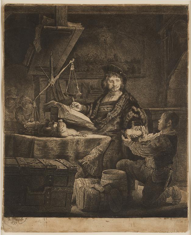REMBRANDT HARMENSZ VAN RIJN, "The Goldweigher", etching and drypoint, signed in print etat III av IV "Rembrandt 1639".
